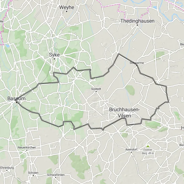 Map miniature of "The Bassum Vistas" cycling inspiration in Hannover, Germany. Generated by Tarmacs.app cycling route planner