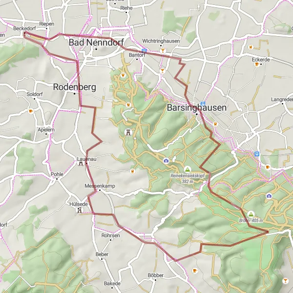 Map miniature of "Untouched Gravel Bliss: Beckedorf to Rodenberg" cycling inspiration in Hannover, Germany. Generated by Tarmacs.app cycling route planner