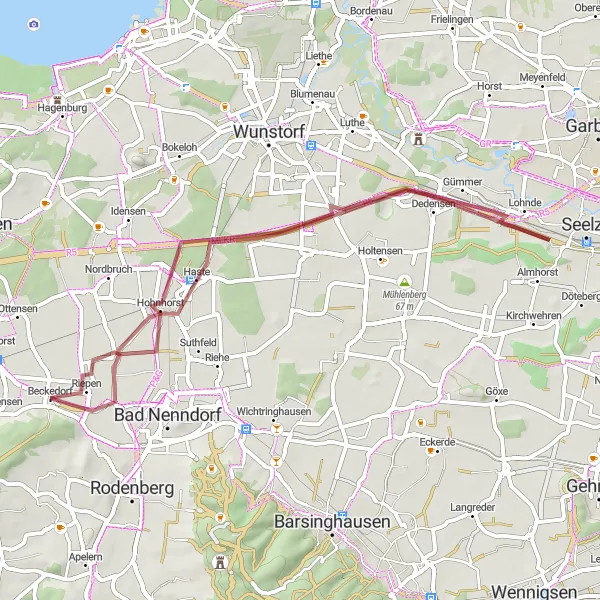 Map miniature of "Beckedorf to Haste Gravel Loop" cycling inspiration in Hannover, Germany. Generated by Tarmacs.app cycling route planner