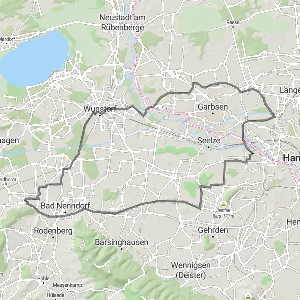 Map miniature of "Beckedorf to Wunstorf Road Loop" cycling inspiration in Hannover, Germany. Generated by Tarmacs.app cycling route planner