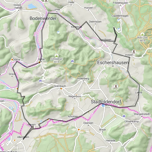 Map miniature of "Bevern Loop via Knapp" cycling inspiration in Hannover, Germany. Generated by Tarmacs.app cycling route planner