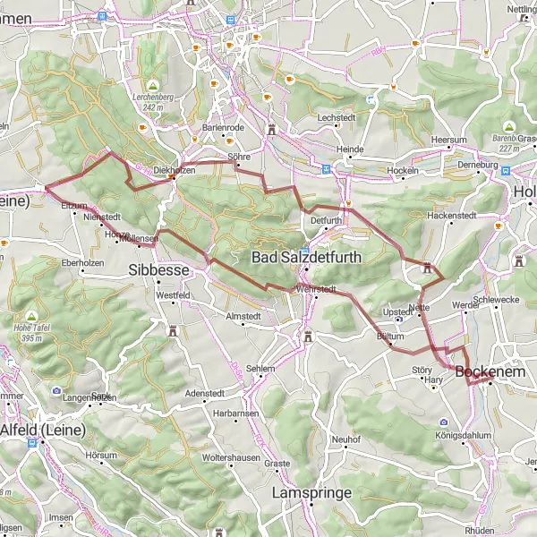 Map miniature of "Gravel Bliss in Bockenem" cycling inspiration in Hannover, Germany. Generated by Tarmacs.app cycling route planner