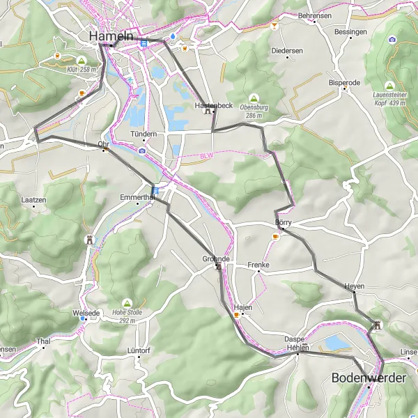 Karten-Miniaturansicht der Radinspiration "Kurze Radtour von Bodenwerder" in Hannover, Germany. Erstellt vom Tarmacs.app-Routenplaner für Radtouren