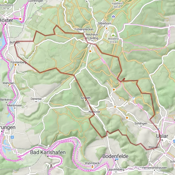 Map miniature of "Uslar and Nienover Gravel Loop" cycling inspiration in Hannover, Germany. Generated by Tarmacs.app cycling route planner