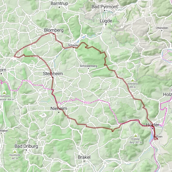 Map miniature of "Höxter and Alte Schmacht Gravel Adventure" cycling inspiration in Hannover, Germany. Generated by Tarmacs.app cycling route planner