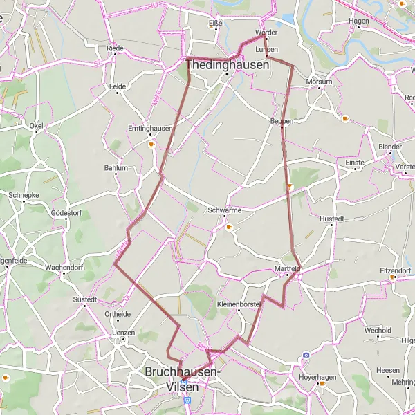 Map miniature of "Thedinghausen Circuit" cycling inspiration in Hannover, Germany. Generated by Tarmacs.app cycling route planner