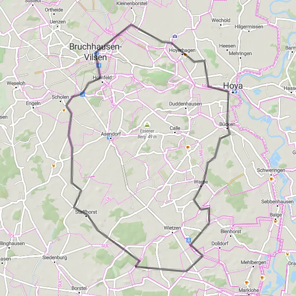 Map miniature of "Hoyerhagen - Hoya - Warpe - Staffhorst Route" cycling inspiration in Hannover, Germany. Generated by Tarmacs.app cycling route planner