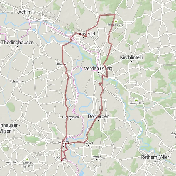 Karten-Miniaturansicht der Radinspiration "Gravel-Tour nach Langwedel und Dörverden" in Hannover, Germany. Erstellt vom Tarmacs.app-Routenplaner für Radtouren