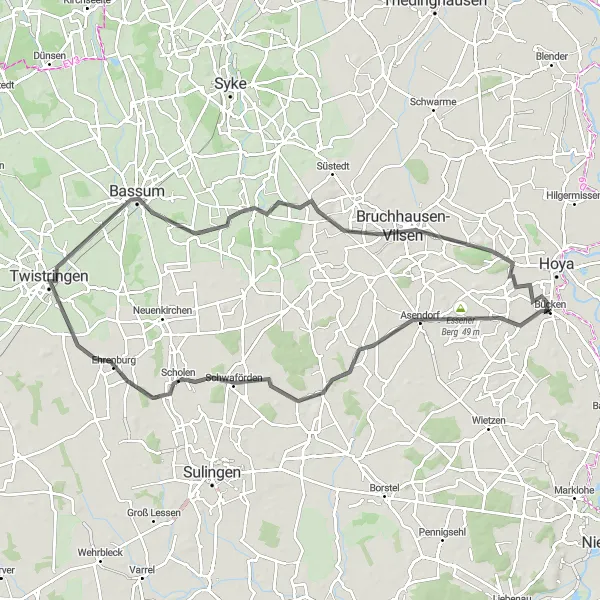 Karten-Miniaturansicht der Radinspiration "Radtour durch die Natur um Bassum und Bruchhausen-Vilsen" in Hannover, Germany. Erstellt vom Tarmacs.app-Routenplaner für Radtouren