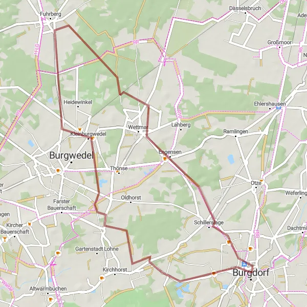Karten-Miniaturansicht der Radinspiration "Gravel-Tour von Burgdorf nach Neuwarmbüchen und zurück" in Hannover, Germany. Erstellt vom Tarmacs.app-Routenplaner für Radtouren
