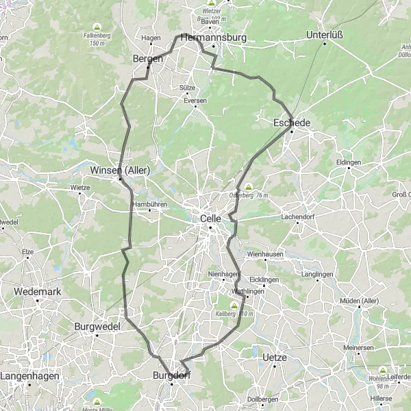 Karten-Miniaturansicht der Radinspiration "Abenteuerliche Tour von Burgdorf nach Belsen und zurück" in Hannover, Germany. Erstellt vom Tarmacs.app-Routenplaner für Radtouren