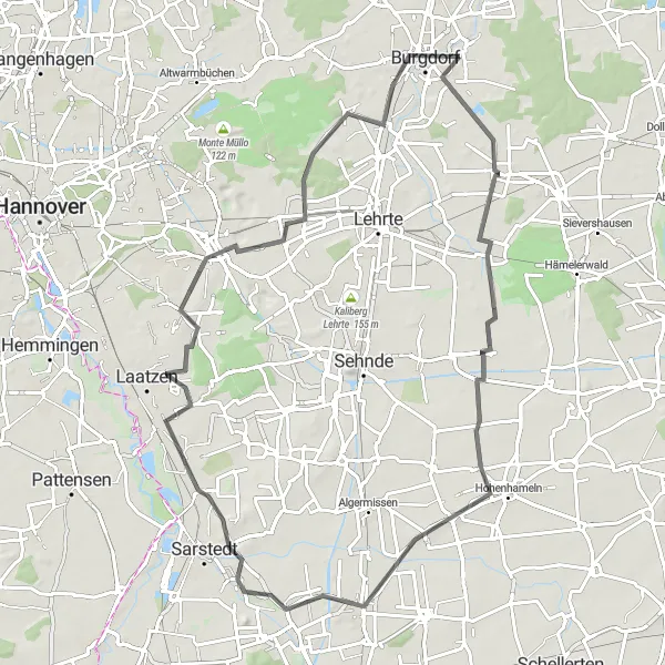 Karten-Miniaturansicht der Radinspiration "Rundfahrt von Burgdorf nach Immensen und zurück" in Hannover, Germany. Erstellt vom Tarmacs.app-Routenplaner für Radtouren