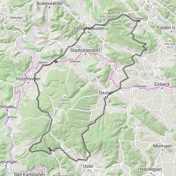 Karten-Miniaturansicht der Radinspiration "Road Cycling Route von Delligsen" in Hannover, Germany. Erstellt vom Tarmacs.app-Routenplaner für Radtouren