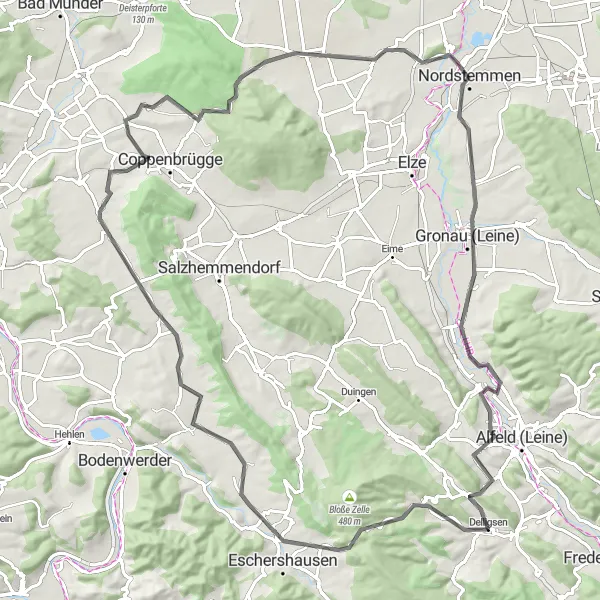 Karten-Miniaturansicht der Radinspiration "Road Cycling Route von Delligsen" in Hannover, Germany. Erstellt vom Tarmacs.app-Routenplaner für Radtouren