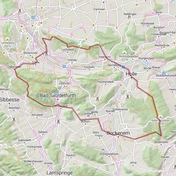Map miniature of "Gravel Adventure around Diekholzen" cycling inspiration in Hannover, Germany. Generated by Tarmacs.app cycling route planner