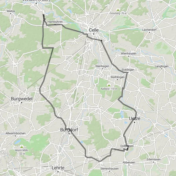 Map miniature of "Dollbergen to Uetze Loop" cycling inspiration in Hannover, Germany. Generated by Tarmacs.app cycling route planner