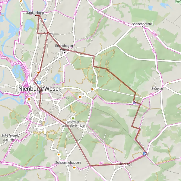 Map miniature of "Nienburg Gravel Loop" cycling inspiration in Hannover, Germany. Generated by Tarmacs.app cycling route planner