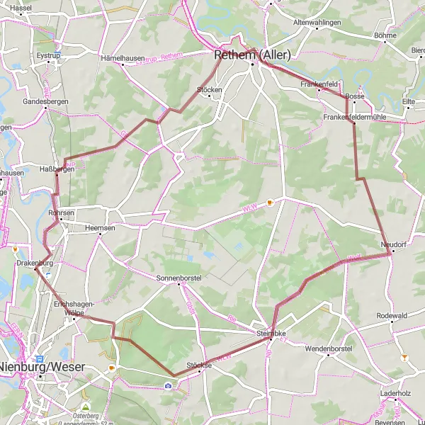 Map miniature of "Rural Gravel Exploration near Drakenburg" cycling inspiration in Hannover, Germany. Generated by Tarmacs.app cycling route planner