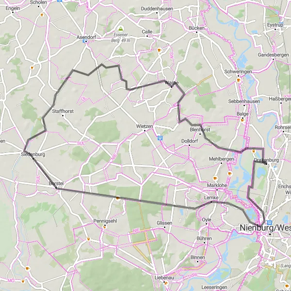 Map miniature of "A Tour to Remember in Nienburg/Weser" cycling inspiration in Hannover, Germany. Generated by Tarmacs.app cycling route planner