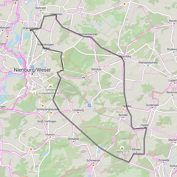 Map miniature of "Scenic Road Cycling in Drakenburg" cycling inspiration in Hannover, Germany. Generated by Tarmacs.app cycling route planner
