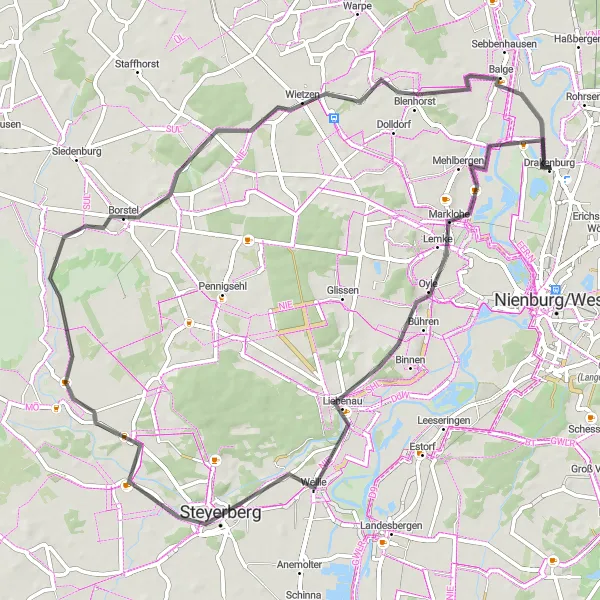 Map miniature of "Charming Road Cycling Loop near Drakenburg" cycling inspiration in Hannover, Germany. Generated by Tarmacs.app cycling route planner