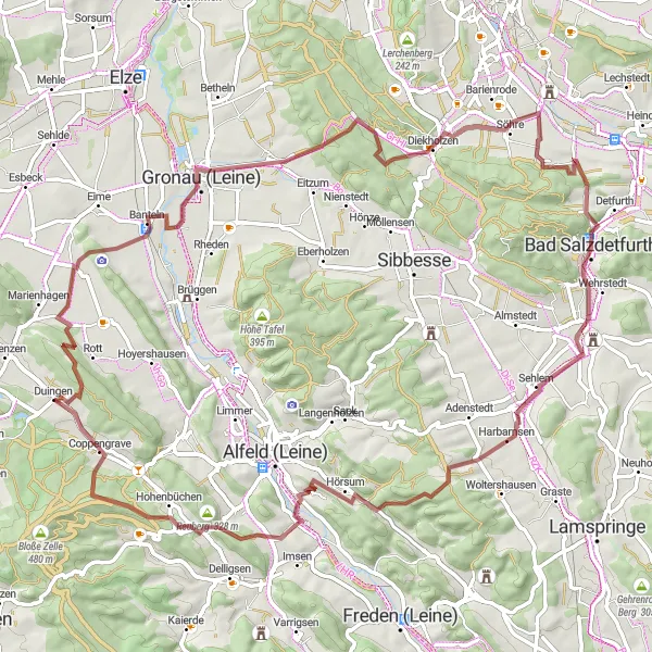 Map miniature of "Scenic Gravel Tour near Duingen" cycling inspiration in Hannover, Germany. Generated by Tarmacs.app cycling route planner