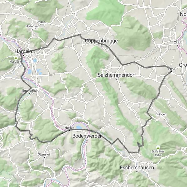 Karten-Miniaturansicht der Radinspiration "Hameln Hills Road Circuit" in Hannover, Germany. Erstellt vom Tarmacs.app-Routenplaner für Radtouren