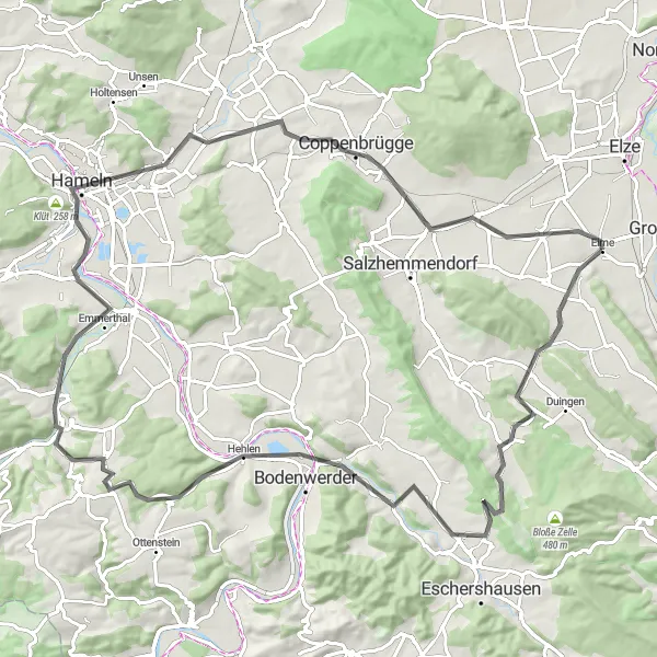 Map miniature of "Weenzen to Esbeck" cycling inspiration in Hannover, Germany. Generated by Tarmacs.app cycling route planner