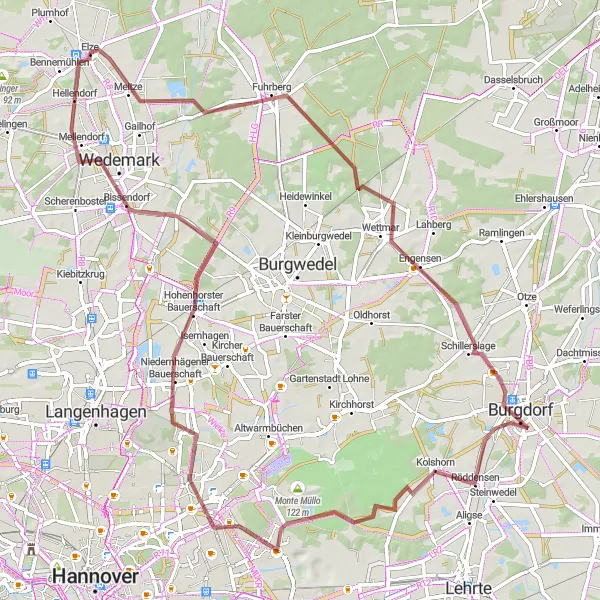 Map miniature of "Gravel Circuit: Elze to Meitze" cycling inspiration in Hannover, Germany. Generated by Tarmacs.app cycling route planner