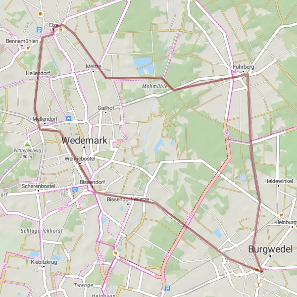 Karten-Miniaturansicht der Radinspiration "Rundfahrt um Elze durch Meitze, Burgwedel und Wittrebenberg" in Hannover, Germany. Erstellt vom Tarmacs.app-Routenplaner für Radtouren