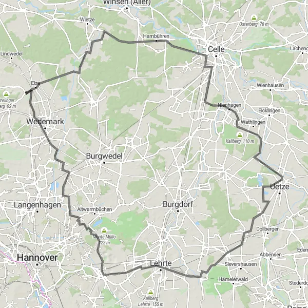 Map miniature of "Elze to Wieckenberg Road Cycling Adventure" cycling inspiration in Hannover, Germany. Generated by Tarmacs.app cycling route planner