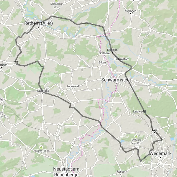 Map miniature of "Wittrebenberg, Abbensen, Steimbke, Aussichtspunkt, Anderten, Rethem (Aller), Eickeloh, Essel, Berkhof" cycling inspiration in Hannover, Germany. Generated by Tarmacs.app cycling route planner