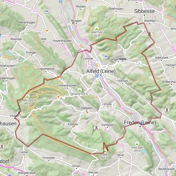 Map miniature of "Beverungen-Mountains Route" cycling inspiration in Hannover, Germany. Generated by Tarmacs.app cycling route planner