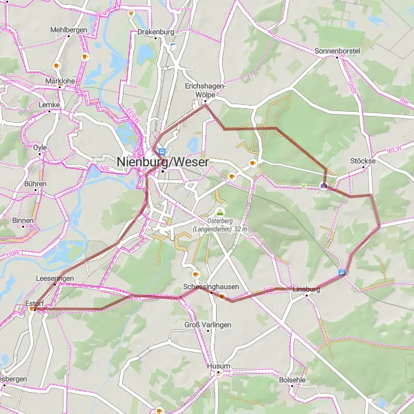 Map miniature of "Nienburg/Weser Loop" cycling inspiration in Hannover, Germany. Generated by Tarmacs.app cycling route planner