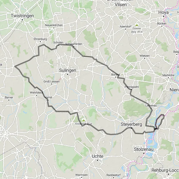 Map miniature of "Sulingen Challenge" cycling inspiration in Hannover, Germany. Generated by Tarmacs.app cycling route planner