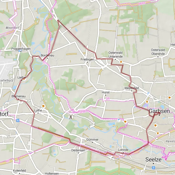 Map miniature of "Hidden Gravel Gems" cycling inspiration in Hannover, Germany. Generated by Tarmacs.app cycling route planner