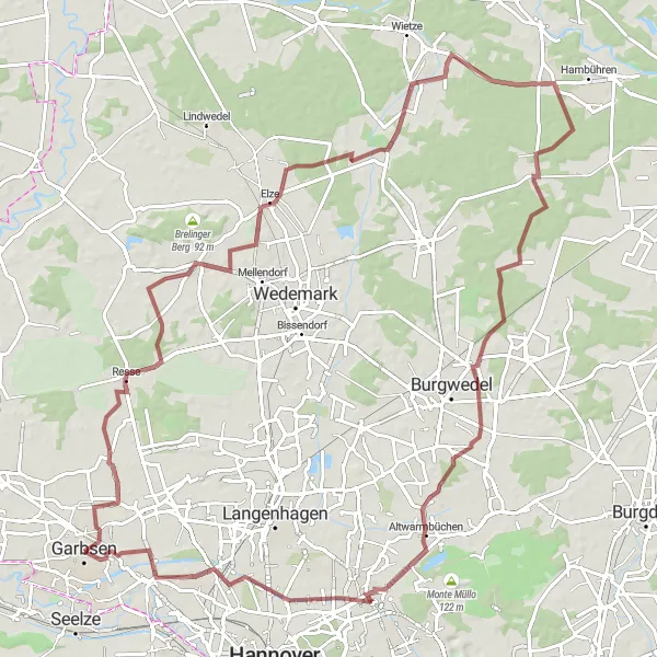 Map miniature of "Scenic Gravel Ride" cycling inspiration in Hannover, Germany. Generated by Tarmacs.app cycling route planner