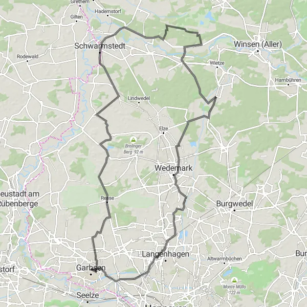 Map miniature of "Garbsen-Mitte to Hexenturm Round-trip" cycling inspiration in Hannover, Germany. Generated by Tarmacs.app cycling route planner