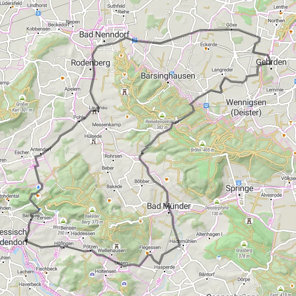 Map miniature of "Scenic road cycling adventure near Gehrden" cycling inspiration in Hannover, Germany. Generated by Tarmacs.app cycling route planner