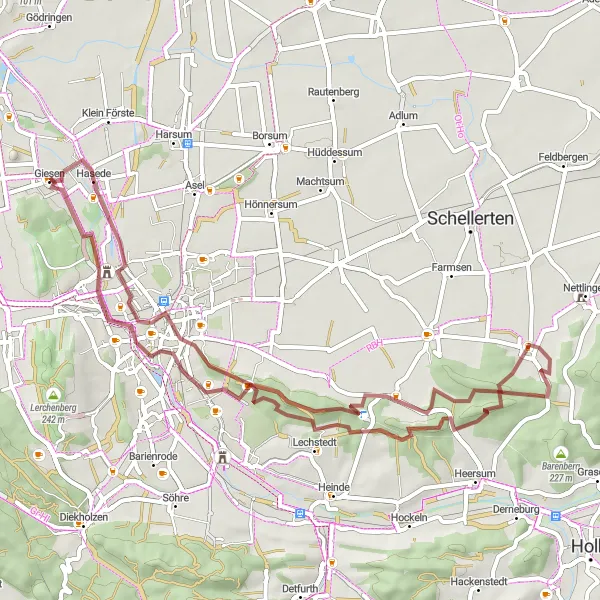 Map miniature of "Giesen-Knebelberg-Wöhle-Bismarckturm Hildesheim-Hasede Gravel Route" cycling inspiration in Hannover, Germany. Generated by Tarmacs.app cycling route planner