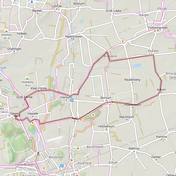Map miniature of "Giesen-Klein Förste-Adlum-Asel Gravel Route" cycling inspiration in Hannover, Germany. Generated by Tarmacs.app cycling route planner