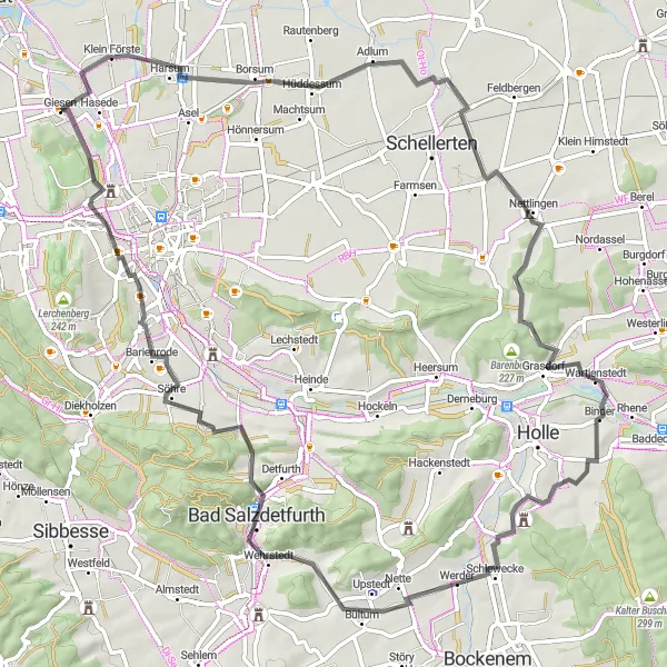 Map miniature of "Giesen-Klein Förste-Schloss Nettlingen-Bad Salzdetfurth-Katzberg Road Route" cycling inspiration in Hannover, Germany. Generated by Tarmacs.app cycling route planner