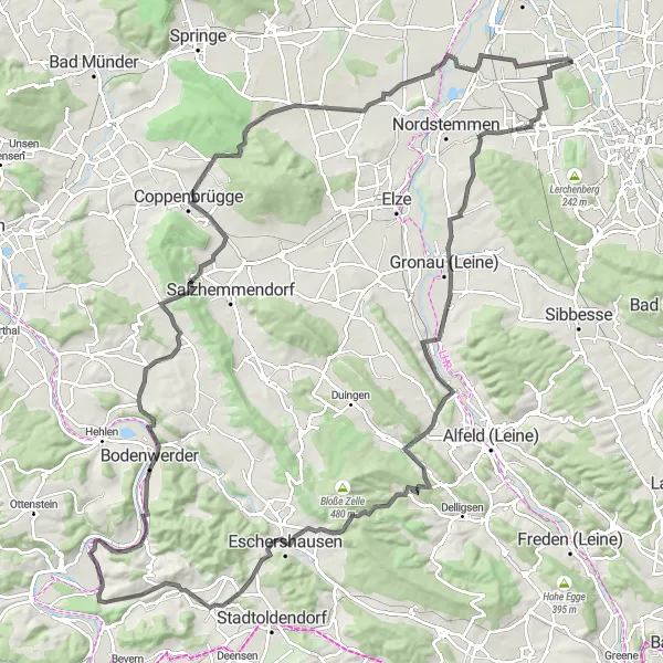 Map miniature of "Giesen-Schloss Brüggen-Brunkensen-Bocksberg-Kollberg-Calenberg Road Route" cycling inspiration in Hannover, Germany. Generated by Tarmacs.app cycling route planner