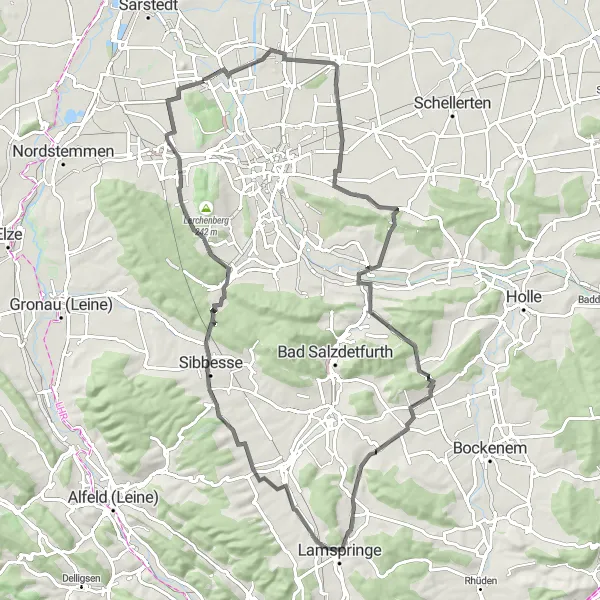 Map miniature of "Giesen-Heinde-Hopfenberg-Graste-Wrisbergholzen-Emmerke Road Route" cycling inspiration in Hannover, Germany. Generated by Tarmacs.app cycling route planner