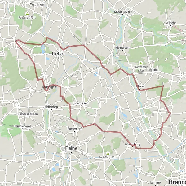Map miniature of "Hills and Valleys Gravel Adventure" cycling inspiration in Hannover, Germany. Generated by Tarmacs.app cycling route planner
