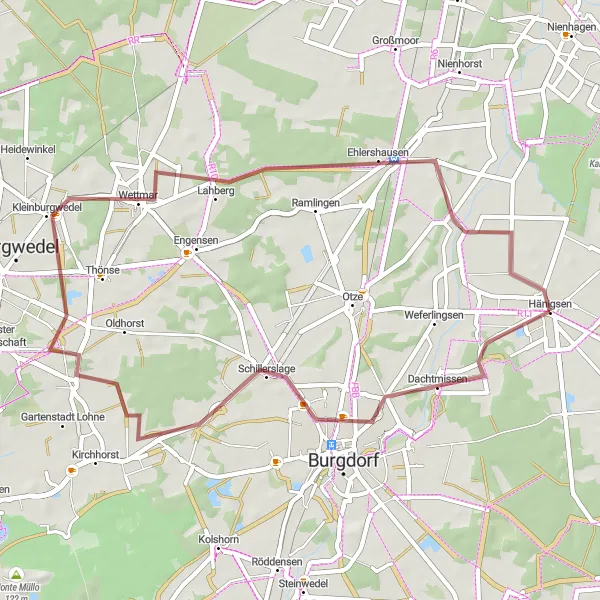 Map miniature of "Gravel Route from Hänigsen" cycling inspiration in Hannover, Germany. Generated by Tarmacs.app cycling route planner