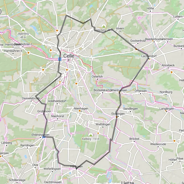 Map miniature of "Scenic Road Route near Hänigsen" cycling inspiration in Hannover, Germany. Generated by Tarmacs.app cycling route planner