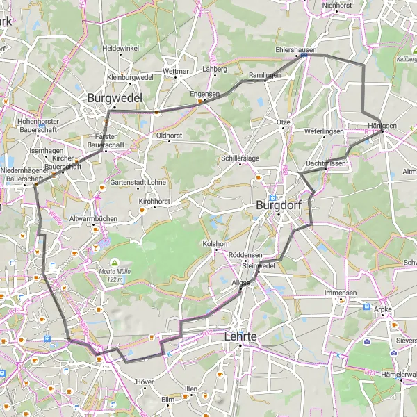 Map miniature of "Road Tour to Steinwedel" cycling inspiration in Hannover, Germany. Generated by Tarmacs.app cycling route planner