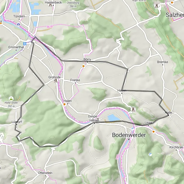 Map miniature of "Lush Countryside Road Trip" cycling inspiration in Hannover, Germany. Generated by Tarmacs.app cycling route planner