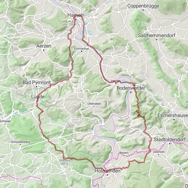 Karten-Miniaturansicht der Radinspiration "Dörfer und Berge Gravel-Tour" in Hannover, Germany. Erstellt vom Tarmacs.app-Routenplaner für Radtouren